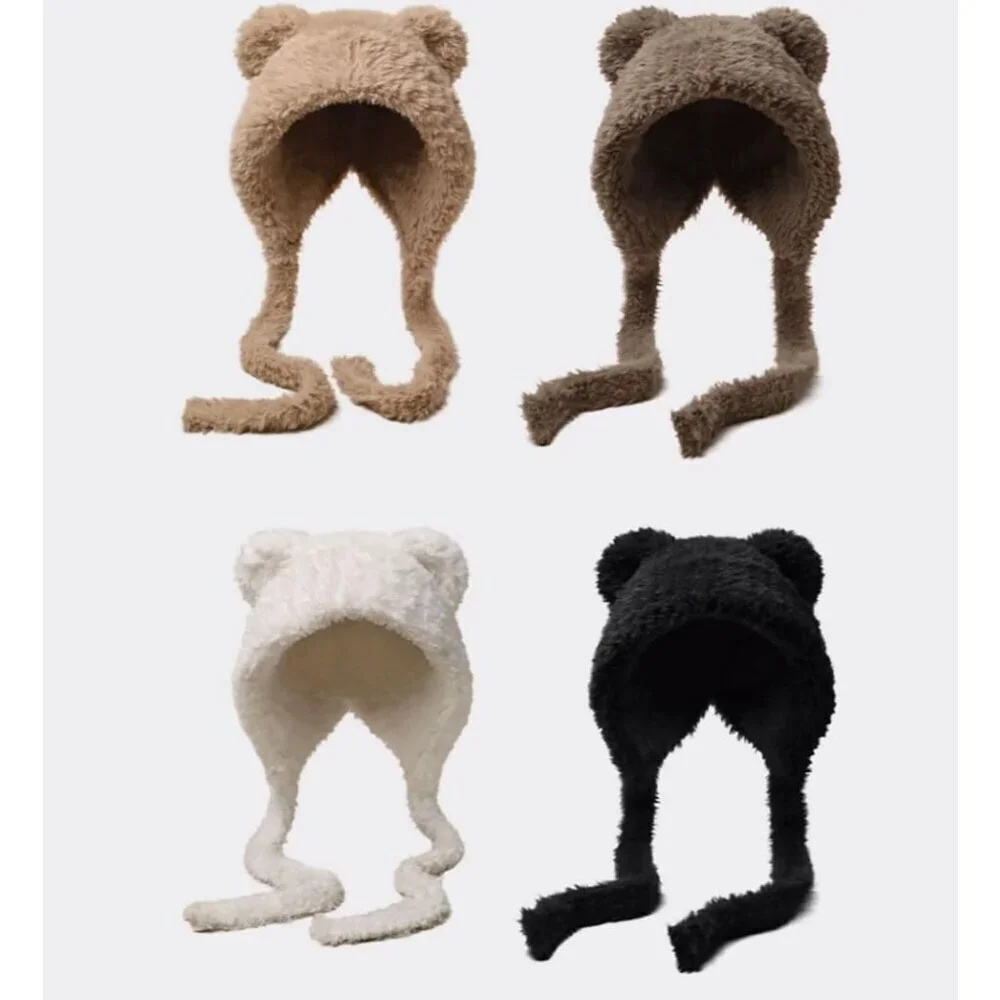 Women Black Winter Beanie Hats Knit Ear Flaps Cute Stuffed Bear Ears Fleece